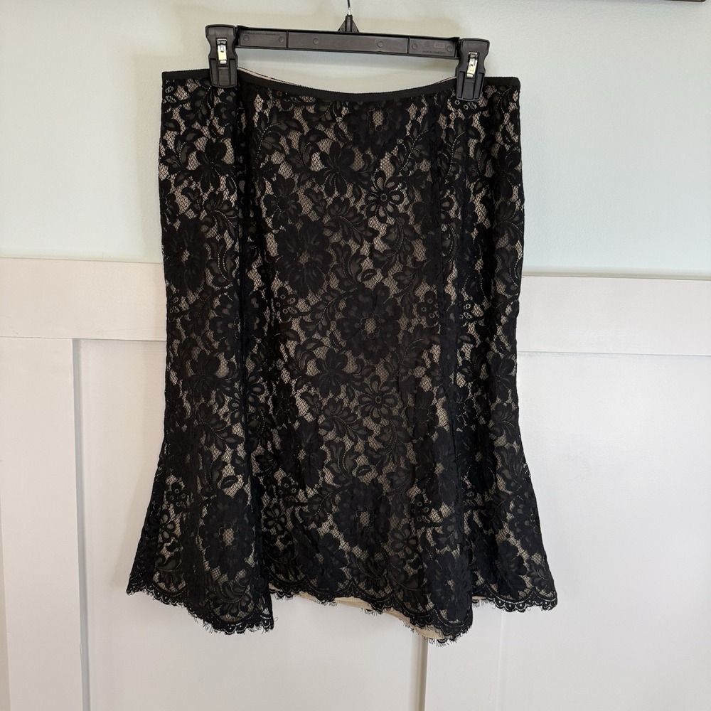 ANN TAYLOR Lace Overlay Midi Skirt Sz 10 Black Witchy Fairy Dark Romantic Whimsy